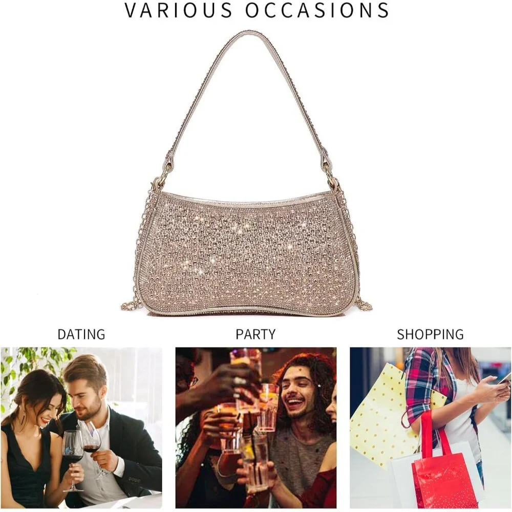 Gold Rhinestone Women's Clutch Purse Evening Bag with Zipper Closure and Adjusta